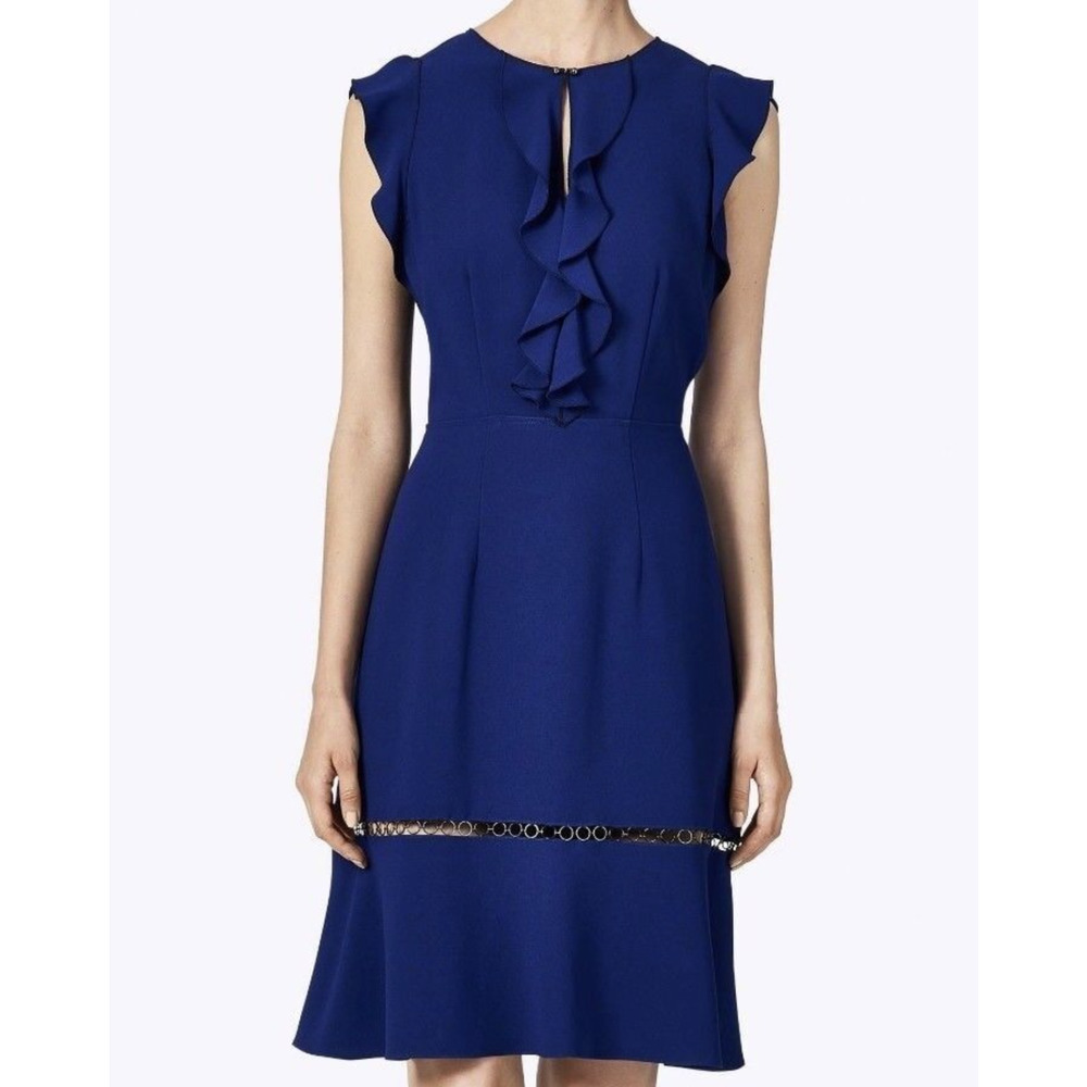 Elie Tahari Rachel Blue Ruffle Flutter Sleeve A Line Sheath Dress Size 2 Flounce